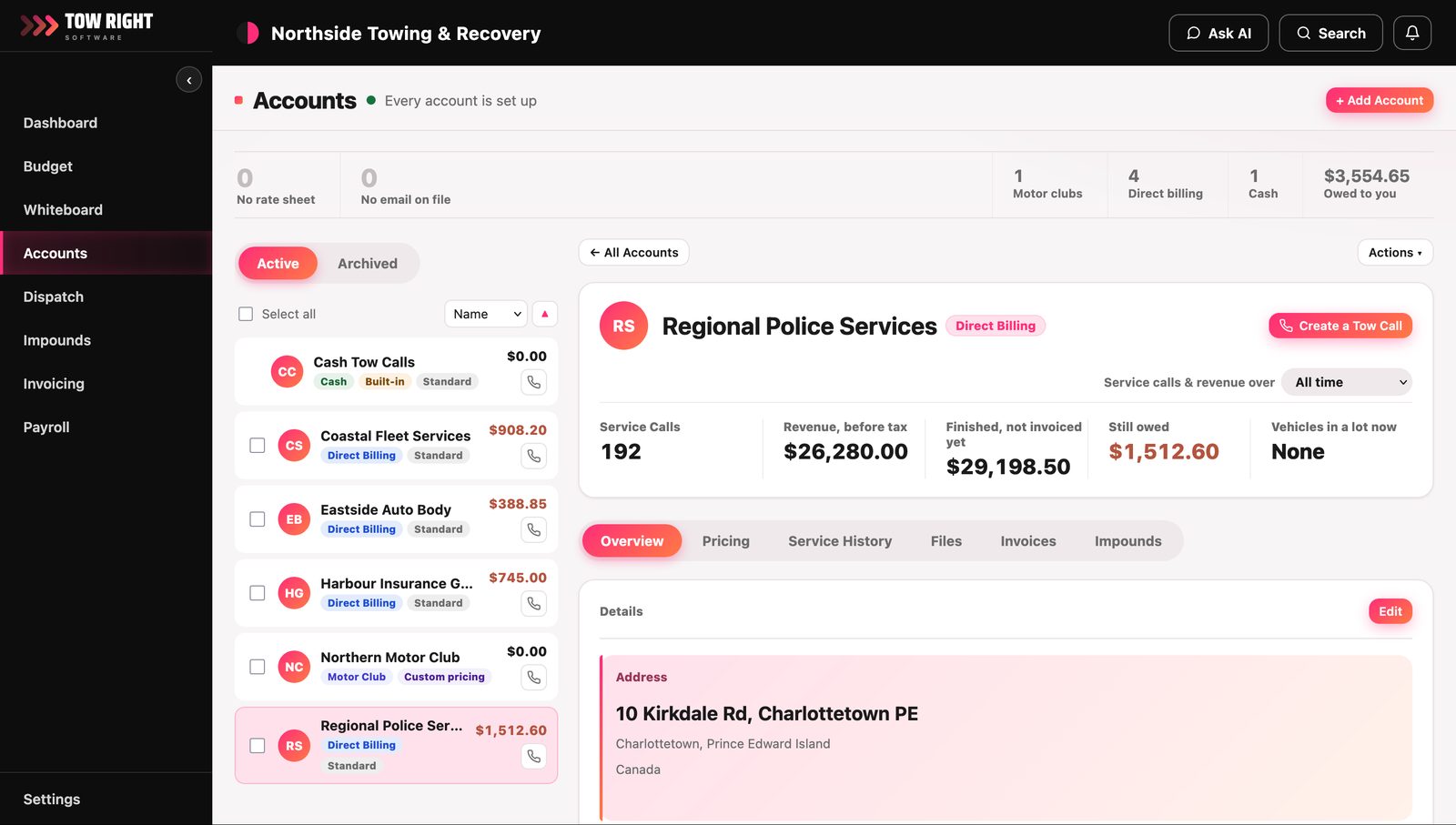 The accounts screen: a list of accounts with balances and type, beside one account showing its service calls, revenue before tax, what is still owed, and tabs for pricing, service history, files, invoices and impounds.