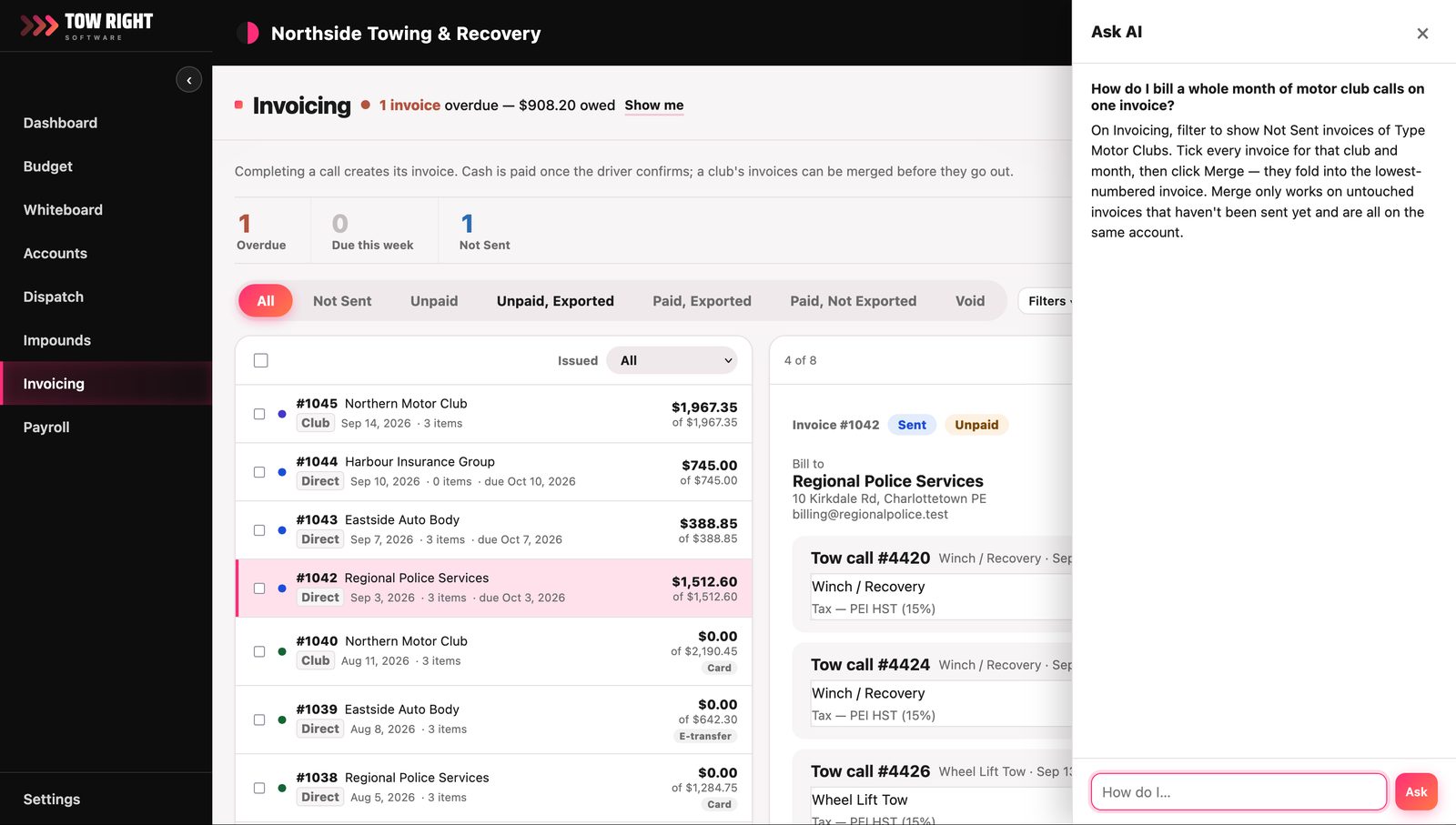 The Ask AI panel open beside the invoicing screen, answering how to bill a whole month of motor club calls on one invoice: which filters to use, the Merge button, and the conditions under which merging works.