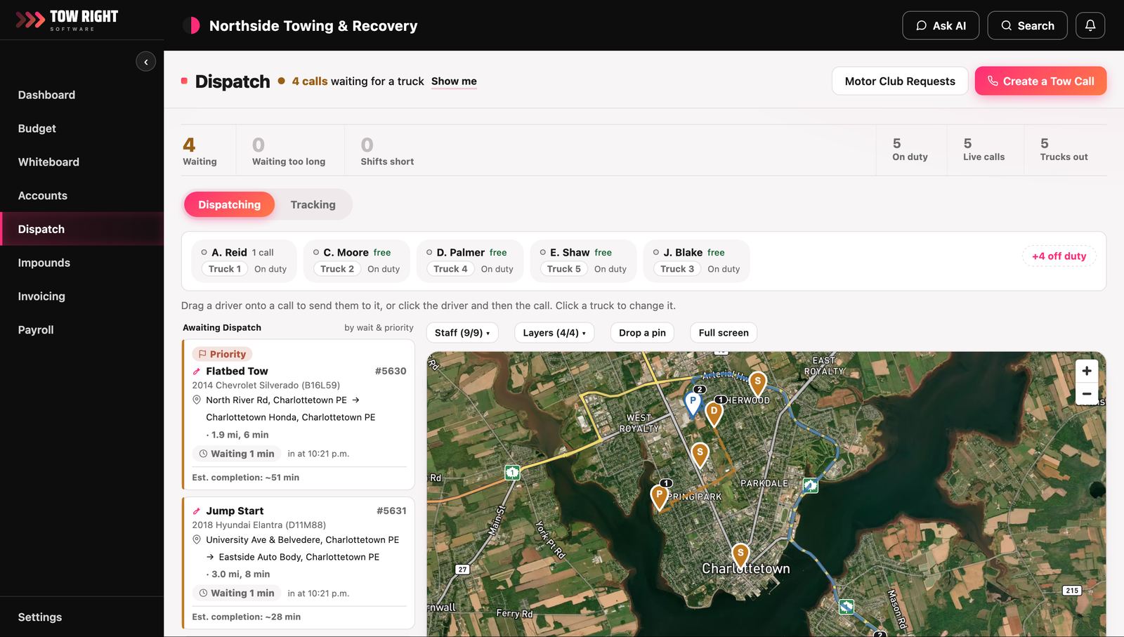 The dispatch board: a live map of the city with pins for each pickup, dropoff and truck, a row of drivers showing which truck each is in, and a queue of waiting calls with the drive time worked out for each.