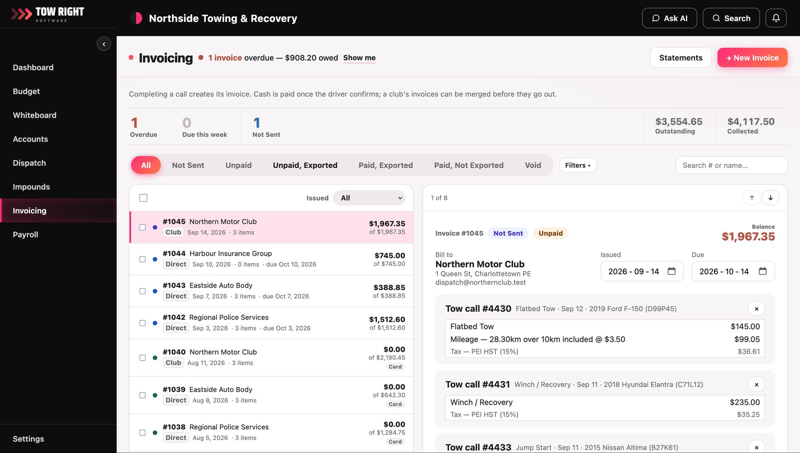 The invoicing screen: a list of invoices with balances, payment methods and overdue flags, beside an open invoice showing each tow call, its charge and its tax.