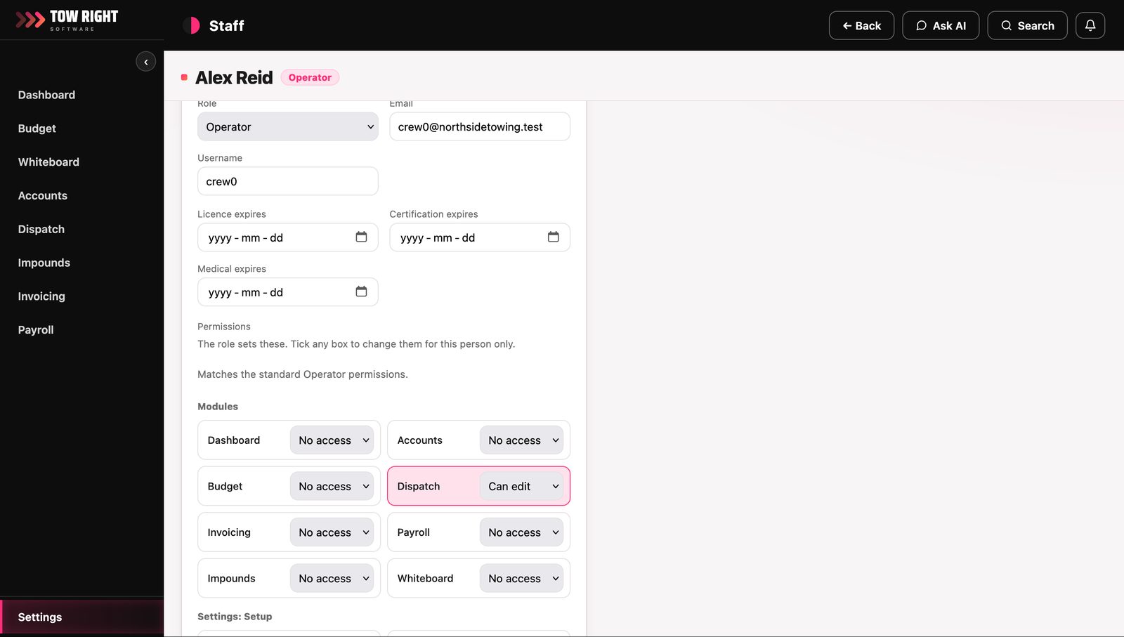 One staff member's permissions: every module listed with its own access level — no access, can view, or can edit — set per person, with one module changed away from what the role gives.