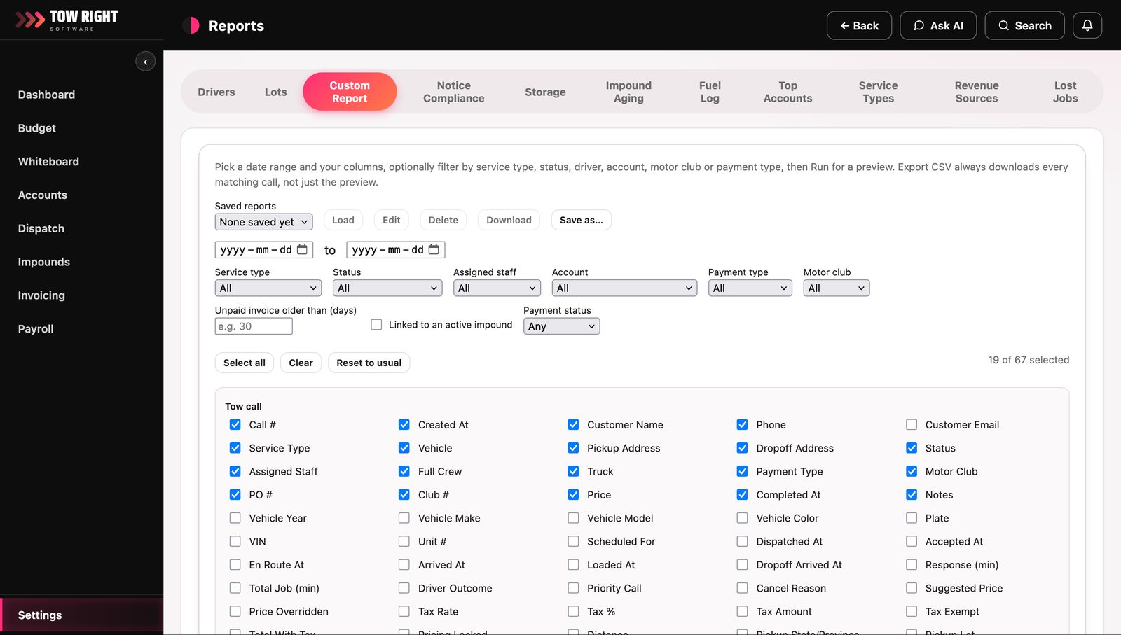 The custom report builder: saved report controls, a date range, filters for service type, status, staff, account, payment type and motor club, and a grid of sixty-seven selectable columns with nineteen ticked.